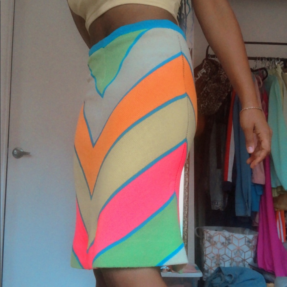 Vintage Multi-Neon color block chevron knit midi skirt